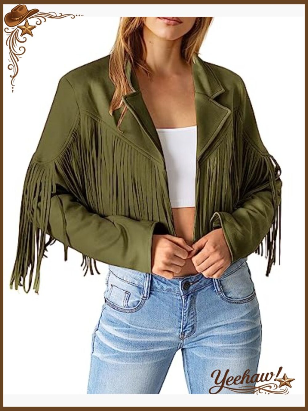 Faux Suede Fringe Cropped Motorcycle Jacket - Long Sleeve Tassel Coat - Picture 2 of 7
